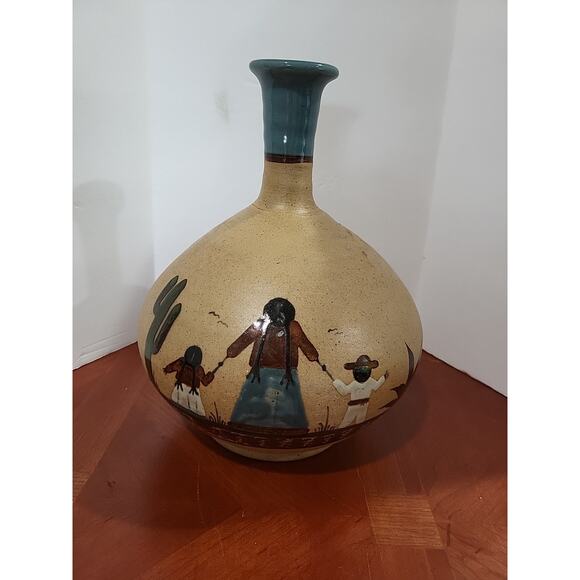 Vintage Vase Tonala Sandstone Mexican Folk Art 11"x8" Pottery Signed - Picture 1 of 10